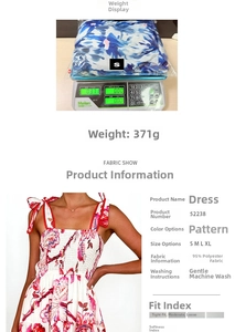 Detail view of floral summer dress fabric showing shoulder tie and 95% polyester material
