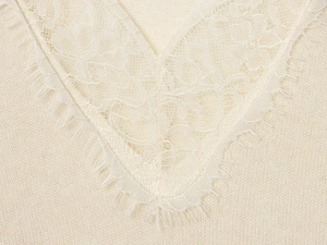 Detail of V-neckline with delicate eyelash lace trim on cream wool blend knit sweater