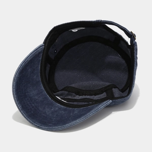 Navy blue washed cotton flat top army cap with adjustable strap and mountain embroidery