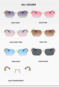 Detailed grid of rimless sunglasses with metal bridges and textured wood temples