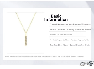 Detailed specs of 14K gold plated sterling silver bar necklace with AAA zircons