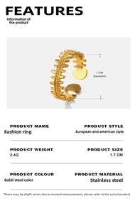 Detailed view of adjustable 18K gold plated fishbone ring with dimensions and weight info