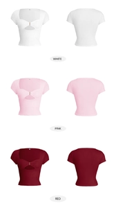 Detailed front and back views of short sleeve Y2K tops in white, pink, and red options