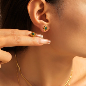 Chic 18k gold plated sunflower stud earrings with turquoise gemstone for women