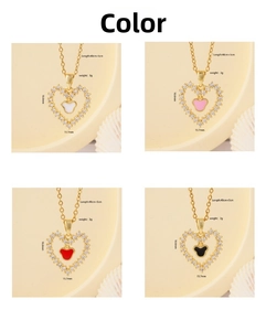 Detail showing four color options of heart pendants with pavé zircon setting and dimensions