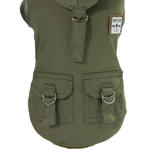 Army green canvas dog winter vest with tactical utility pockets and metal D-ring details