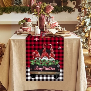 Christmas Gnome plaid table runner with Merry Christmas print for festive dining decor