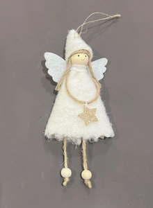 Detail of a handmade white plush Christmas angel ornament with wood beads and gold star