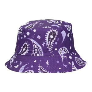 Close-up of purple paisley bucket hat with white pattern and reinforced stitching