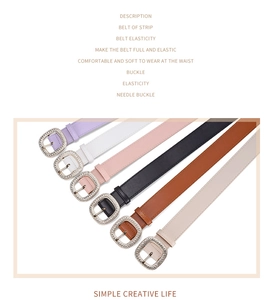 Detail of multi-color women belts with rhinestone square buckles in a parallel layout