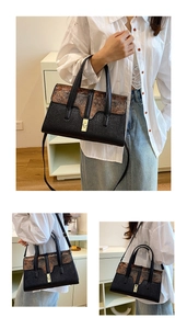 Close-up of retro shoulder bag featuring floral embossed flap and golden metallic clasp