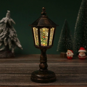 Luminous hexagonal Christmas lantern with interior Christmas tree and swirling glitter