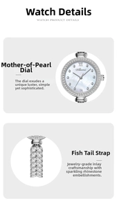 Detail of mother of pearl dial and rhinestone paved mermaid tail watch bracelet