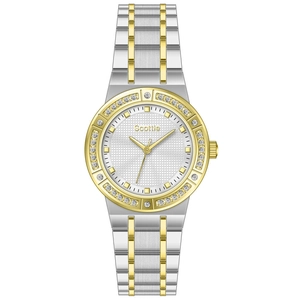 Elegant two-tone stainless steel women's watch with crystal bezel and white textured dial