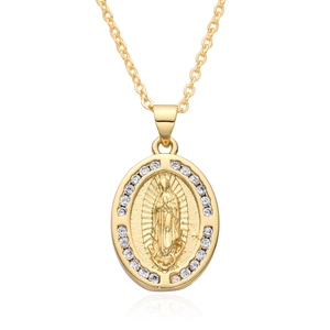 Gold-plated Virgin Mary oval pendant necklace with white zircon border on cross chain
