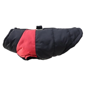 Detail of waterproof dog winter vest with red and black stitching and metal D-ring attachment