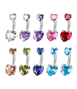 Close-up of heart-shaped colorful zircon belly rings in 10 different vibrant jewel tones