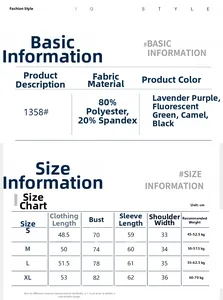 Size chart detail for long sleeve yoga top showing fabric specs and S-XL measurements