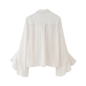Elegant white chiffon blouse with bell sleeves and ruffle details shown from the back