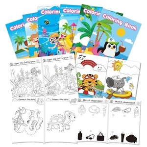 Children's activity book detail showing coloring, spot the difference, and connect the dots