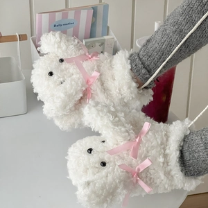 Mitaines En Peluche Chien Dessin Animé Avec Cordon De Cou Gants Hiver Épais Chauds En Laine D'Agneau Avec Nœud