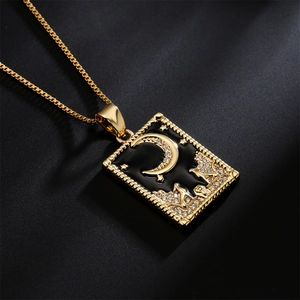 Vintage 18K gold-plated tarot pendant necklace with black enamel, crescent moon and star
