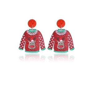 Christmas sweater-shaped acrylic earrings with reindeer patterns and glitter accents