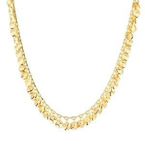 Golden geometric sequin fringe necklace with polished round disc charms on a thin chain