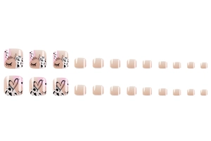 Detailed set of 24 nude gradient press-on toenails with smile and heart motifs