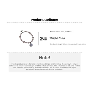 Detailed view of pearl bracelet specifications showing copper material and length details