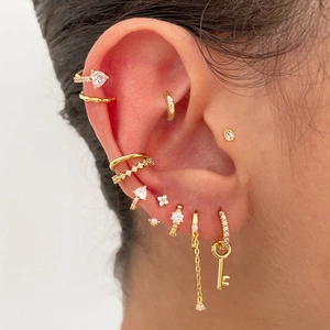 Gold plated S925 silver earrings set with zircon keys and heart charms for women