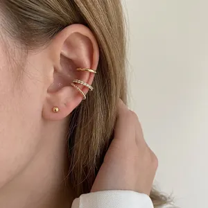 Bagues d'Oreilles Minimalistes en Cuivre en Forme de C pour Femmes Or Argent Électroplaqué Strass Sans Perçage Créoles Géométriques Bijoux