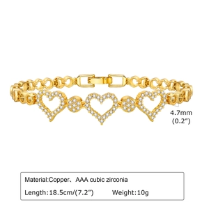 Detail of gold heart link bracelet made of copper and AAA cubic zirconia with dimensions