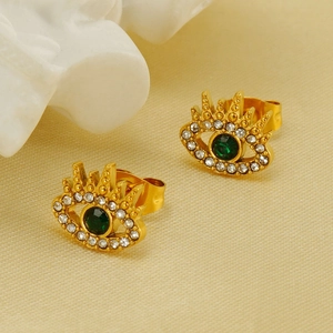 Pendientes de ojo turco en acero chapado en oro con detalle de corona y circón verde