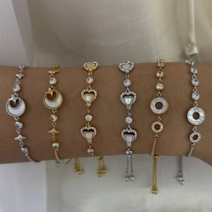 Adjustable Stainless Steel Bracelet With Mother Of Artificial Pearl And Zircon Star Moon Heart Designs For Women