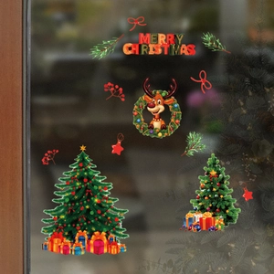 Christmas window decals set featuring Merry Christmas banner, reindeer wreath, and trees