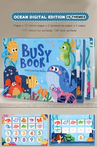 Detail of ocean-themed educational busy book showing velcro maths learning pages and cards