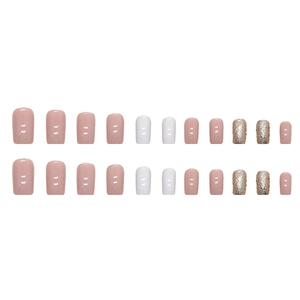Lot de 24 faux ongles champagne scintillant et blanc laiteux de forme carrée-ovale