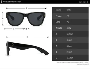 Detailed size chart for PC frame cat eye sunglasses showing 152mm frame width and model 6005