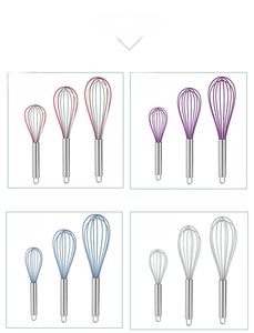 Three-piece colorful silicone whisk set with stainless steel handles and hanging hooks