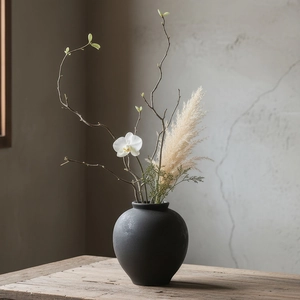 Vase minimaliste en céramique noire mate avec fleurs séchées sur une table en bois brut