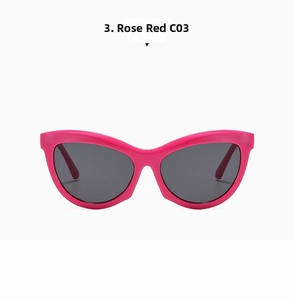 Detailed front view of rose red cat eye sunglasses with dark grey lenses in C03 style