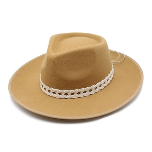 Khaki wool felt fedora with white braided leather band shown from a 45-degree angle