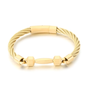 Mens matte gold stainless steel barbell cable bracelet with twisted wire design