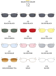 Detailed grid showing 12 selective colors of retro rectangular metal frame sunglasses