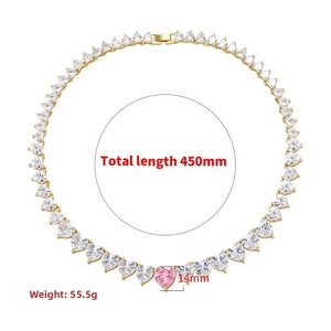 Detail view of pink heart zircon tennis necklace with 450mm length and 55.5g weight