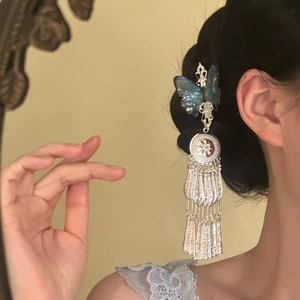 Blue resin butterfly tassel hair clip for Hanfu hair styling side headpiece accessory