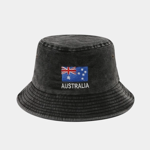 Detailed embroidery of Australia flag on washed vintage charcoal cotton bucket hat