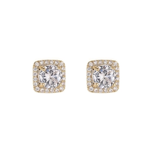 Elegant gold square halo stud earrings set with round sparkling zircons for women