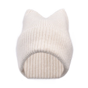 Cream ribbed knit cat ear beanie for women with a stylish winter warm outdoor design